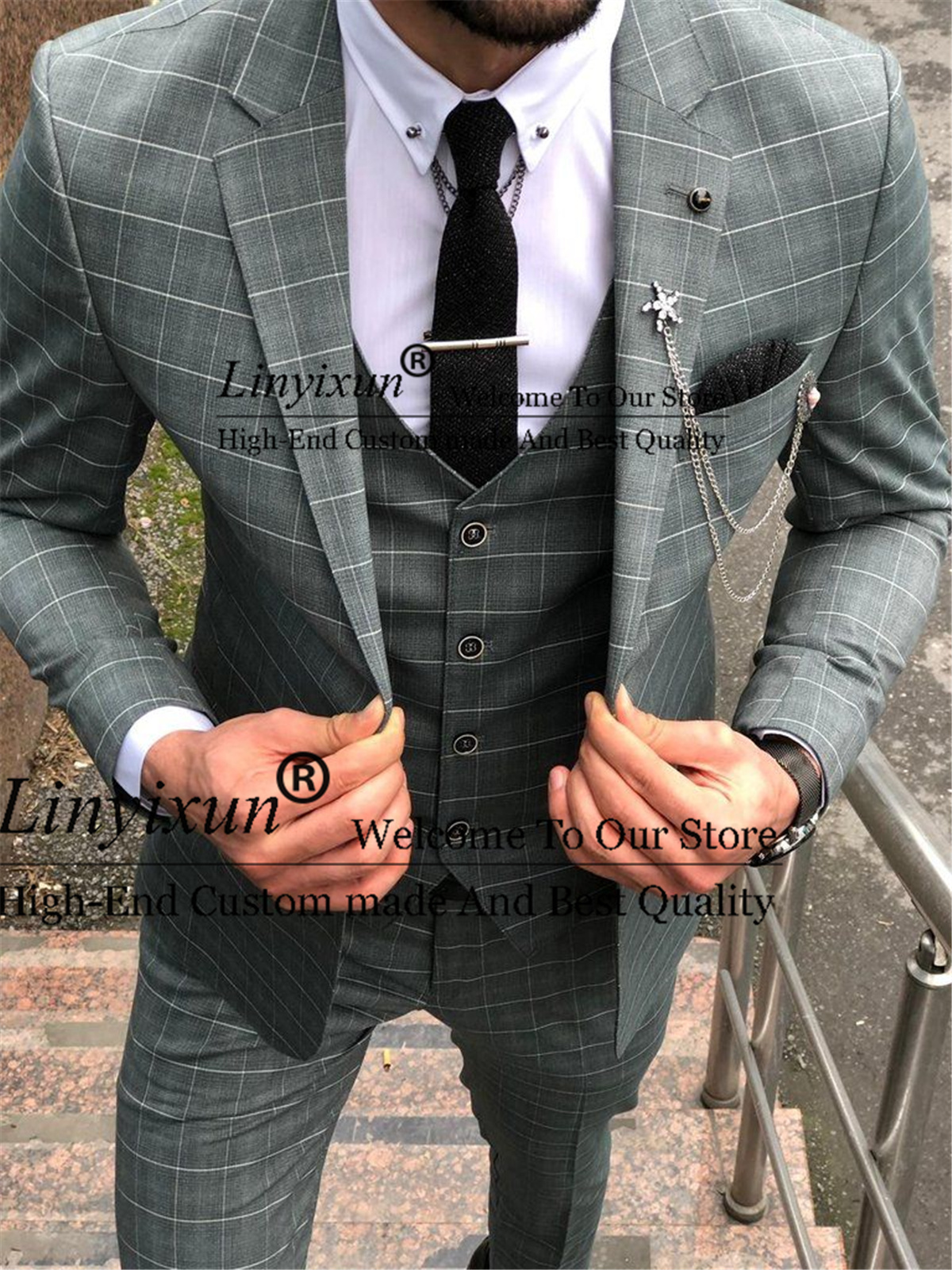Мужские облегающие клетчатые мужские костюмы Красивый костюм Masculino для свадьбы смокинги для жениха комплект из 3 предметов мужская деловая куртка жилет брюки