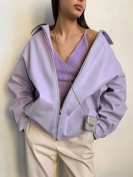 Milanoo Women Jackets Turndown Collar Zipper Casual Indoor Polyurethane Light Purple Oversized Jacke