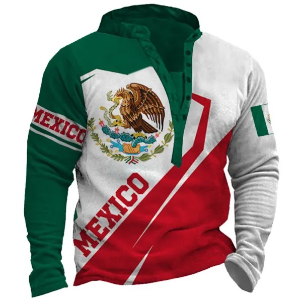 Мужская винтажная контрастная толстовка Henley с принтом мексиканского флага