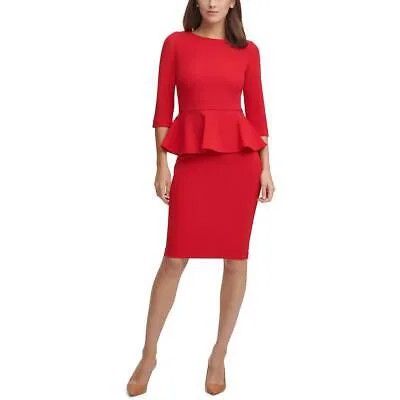 Женское красное офисное платье-футляр с баской и рукавами 3/4 Calvin Klein 4 BHFO 0769
