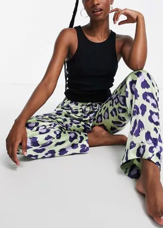 Атласные пижамные брюки со звериным принтом лаймового и сиреневого цвета ASOS DESIGN – Выбирай и Комбинируй-Зеленый цвет