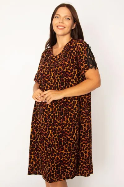 Женское платье большого размера с леопардовым кружевом и V-образным вырезом с леопардовым узором 65n29933 Şans, коричневый