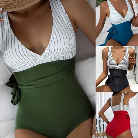 Леди Купальники Deep V Neck Контрастные цвета Tummy Control Soft Summer Monokini для пляжа