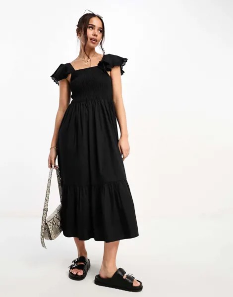 Черное многоярусное платье миди из поплина In The Style x Jac Jossa
