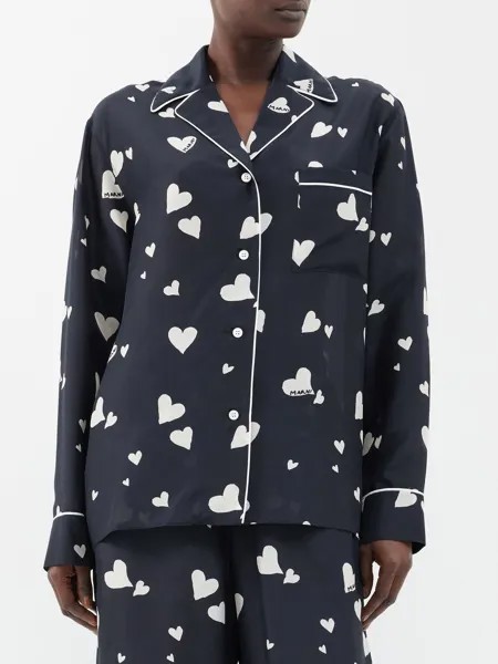 Шелковая пижамная рубашка с принтом в виде сердечек Marni, черный