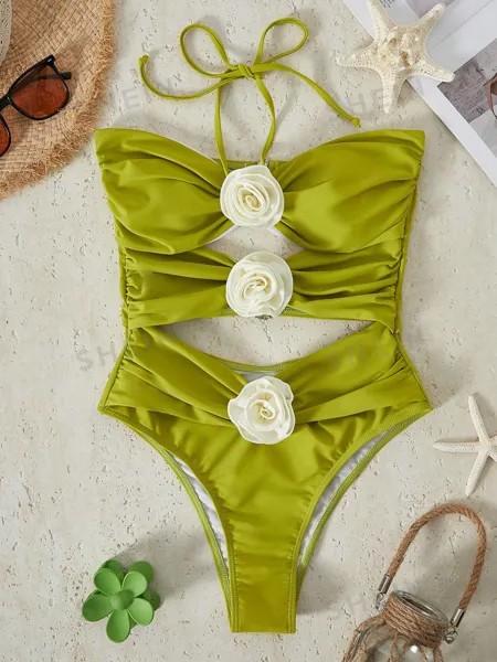 Bikinx сплошной цвет сексуальный ажурный купальник монокини с 3d цветочными деталями и вырезом на шее для женщин, зеленый