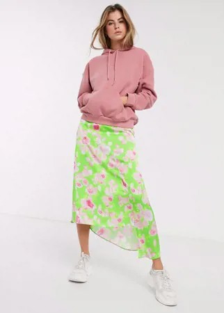 Асимметричная атласная юбка миди с цветочным принтом ASOS DESIGN-Многоцветный