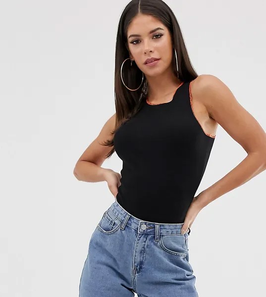 Черный боди с высоким воротом и контрастными строчками ASOS DESIGN Tall