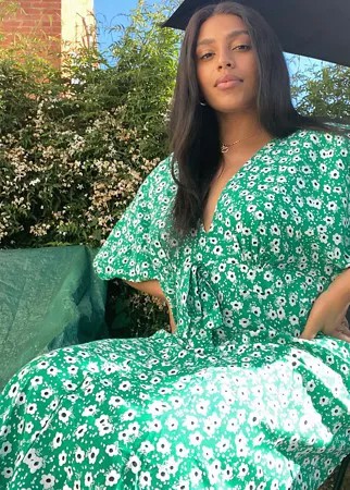 Зеленое чайное платье миди с цветочным принтом и завязкой ASOS DESIGN Curve-Многоцветный