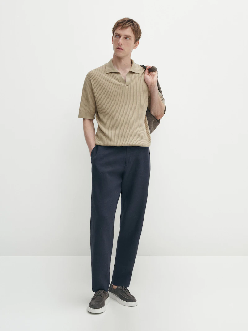 Рубашка-Поло из смеси хлопка и льна в рубчик Massimo Dutti, зеленый