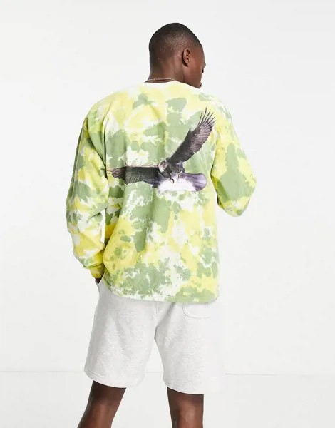 Зеленый oversized-лонгслив с принтом тай-дай и надписью North Dakota на груди и спине Topman-Зеленый цвет