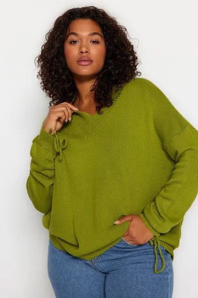 Фисташково-зеленый свитер с V-образным вырезом и рукавами со сборками из трикотажа Trendyol