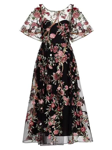 Коктейльное платье из тюля с цветочной вышивкой Marchesa Notte, черный