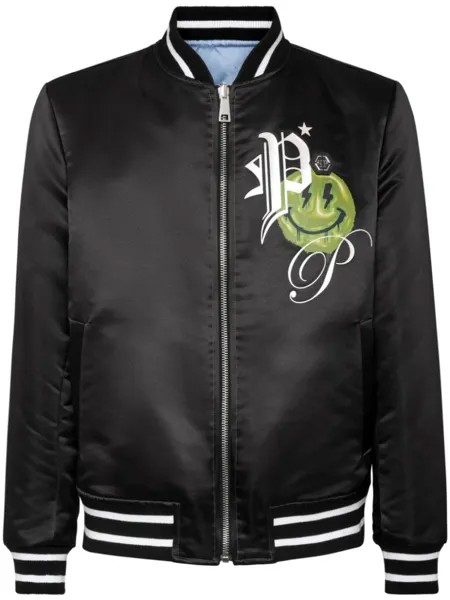 Philipp Plein двусторонний атласный бомбер с логотипом, синий