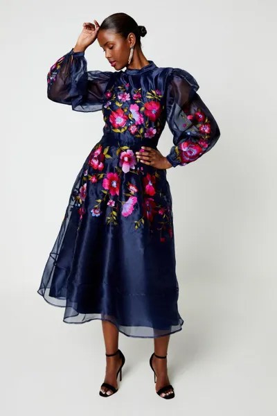 Платье миди из органзы премиум-класса с цветочной вышивкой Coast, темно-синий