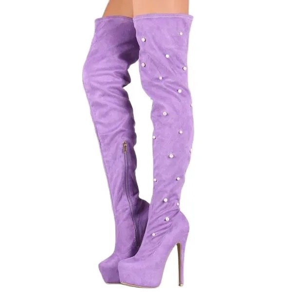 Сиреневые фиолетовые высокие сапоги до бедра с жемчугом, на платформе, на тонком высоком каблуке, без застежки, на молнии, Женские Модные осе...
