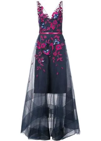 Marchesa Notte полупрозрачное вечернее платье с цветочной вышивкой