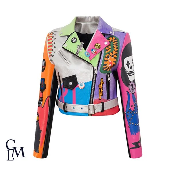 Укороченные куртки из искусственной кожи, женское разноцветное пальто с шипами в стиле хип-хоп, новая весенняя женская укороченная мотоцик...