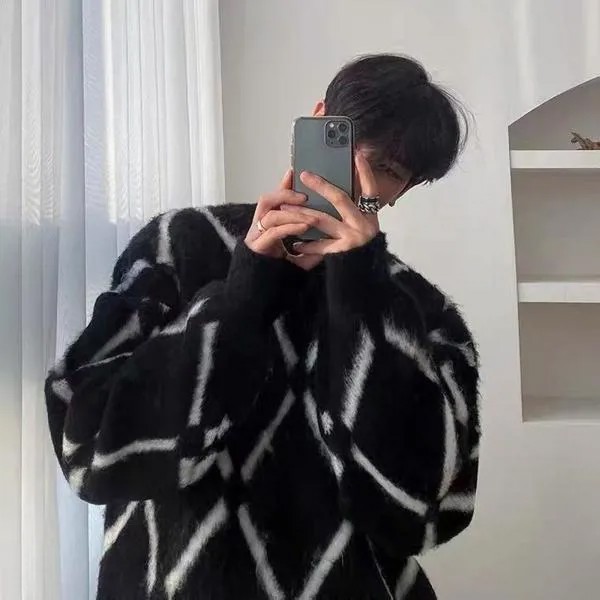 Японский пуловер с круглым вырезом, винтажный плюшевый теплый плотный клетчатый свитер, мужской зимний Корейский модный трендовый Свободн...