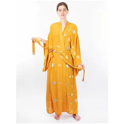 Кимоно  удлиненное, длинный рукав, пояс, размер 50-52, желтый