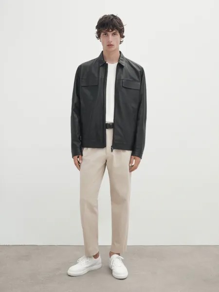 Черная куртка из кожи наппа с карманами Massimo Dutti, черный