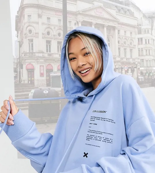 Голубой oversized-худи в стиле унисекс с принтом COLLUSION Unisex blues