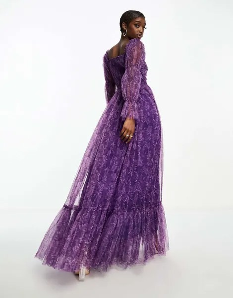 Платье макси из органзы с кружевом и бусинами и пышными рукавами с фиолетовым цветочным принтом Lace & Beads
