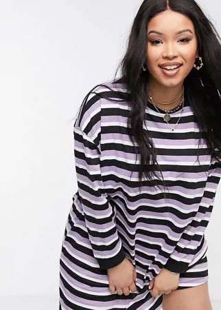 Платье-футболка в полоску сиреневого и черного цвета с длинными рукавами в стиле oversized ASOS DESIGN Curve-Многоцветный