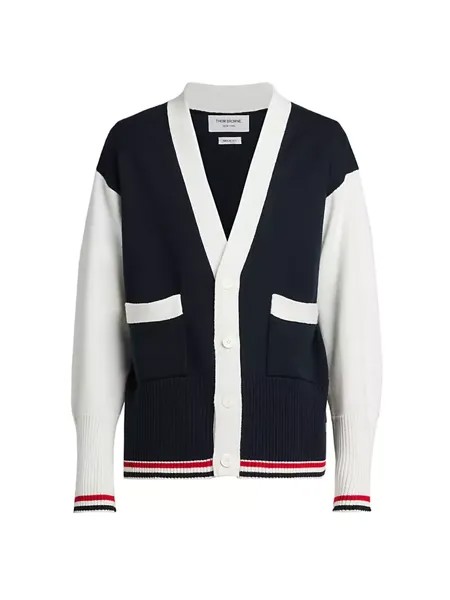 Кардиган с цветными блоками и V-образным вырезом Thom Browne, темно-синий