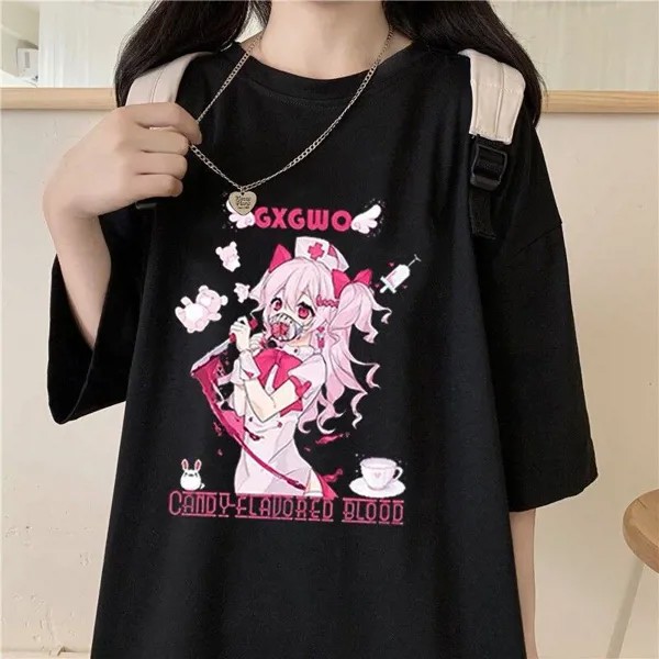 Смешные Женщины Футболка Мультфильм Аниме Kawaii Сладкие Девушки Япония Уличная одежда Харадзюку Повседневная футболка с коротким рукавом Ulzzang Одежда Топы