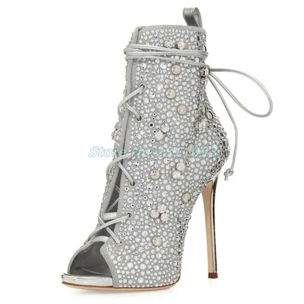 Женские блестящие ботинки с открытым носком, украшенные кристаллами, ботильоны на шнуровке, на высоком тонком каблуке, золотистого и серебристого цвета