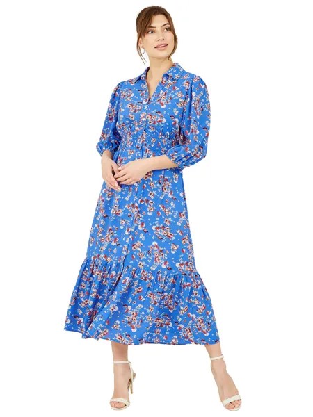 Платье-рубашка миди с цветочным принтом и объемными рукавами Yumi, синий