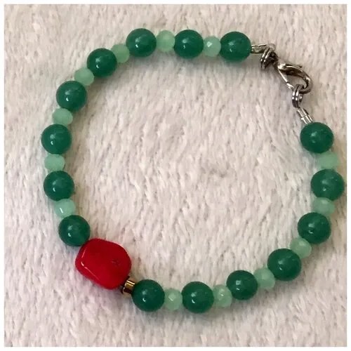Браслет-цепочка AV Jewelry, коралл, нефрит, размер 18 см, размер S, серебристый, красный