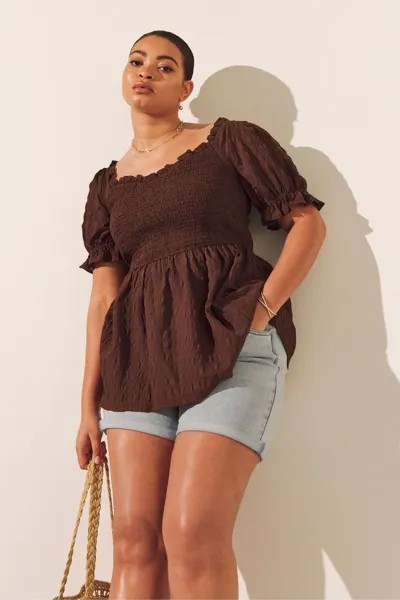 Блуза с текстурой шоколадного цвета и боди с рюшами Simply Be, коричневый