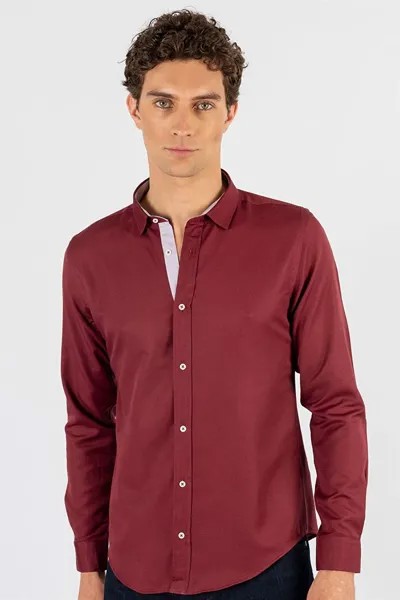 Облегающая хлопковая простая мужская рубашка бордового цвета с легкой глажкой TUDORS, бургундия