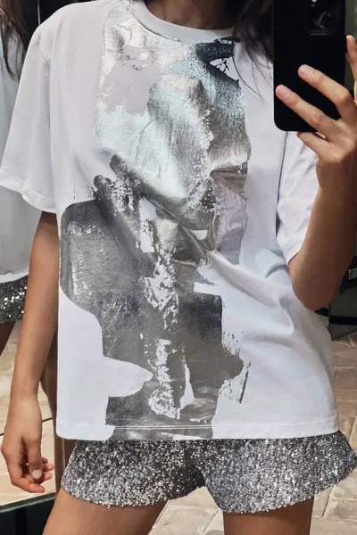 Футболка оверсайз металлизированная ZARA, серебряный