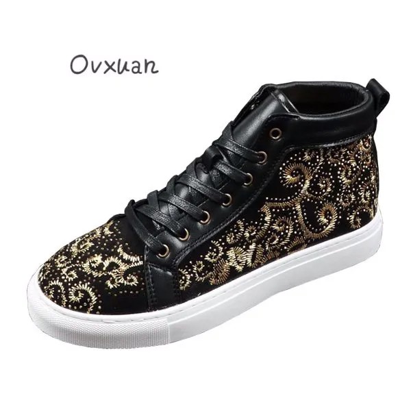 Винтажные ботильоны OVXUAN, мужские золотые шелковые вышитые стразы, высокие кроссовки в стиле хип-хоп, мужская повседневная обувь, ботинки дл...