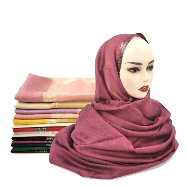 Модный тонкий Шелковый мусульманский хиджаб с золотой нитью, однотонный простой женский шарф, платок, бандана, быстрая доставка, 10 шт./партия
