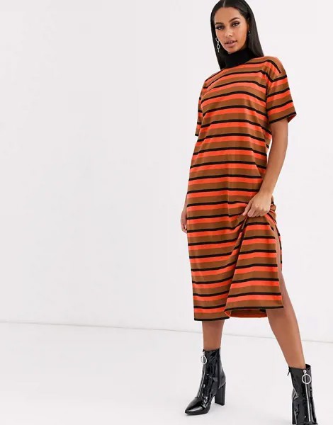 Платье-футболка миди в оранжевую/коричневую полоску ASOS DESIGN-Мульти
