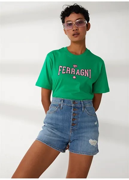 Зеленая женская футболка Chiara Ferragni с круглым вырезом Chıara Ferragnı