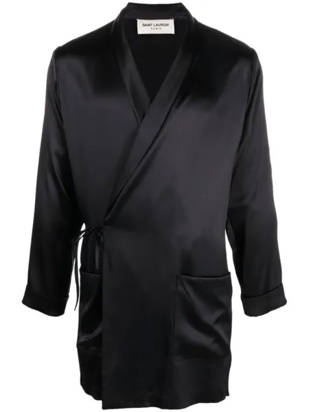 Saint Laurent пальто с запахом и завязками, черный