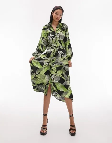 Зеленое платье-рубашка миди с линейным цветочным принтом Topshop