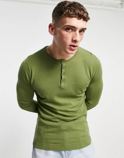 Поло из хлопкового трикотажа цвета хаки с планкой на пуговицах ASOS DESIGN-Зеленый цвет