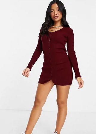 Темно-красное трикотажное платье мини в рубчик на пуговицах ASOS DESIGN Petite-Красный