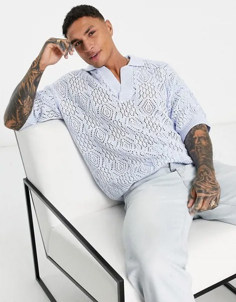 Вязаный ажурный oversized-джемпер голубого цвета с короткими рукавами ASOS DESIGN-Голубой