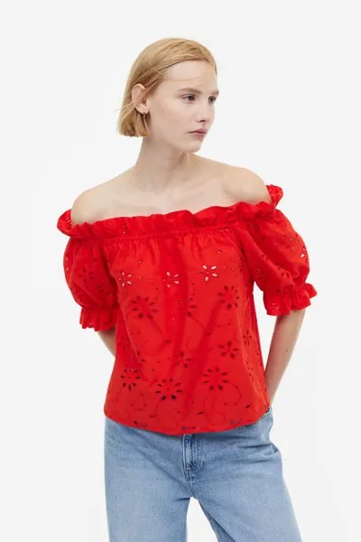 Блузка с открытыми плечами и вышивкой на люверсах H&M, красный