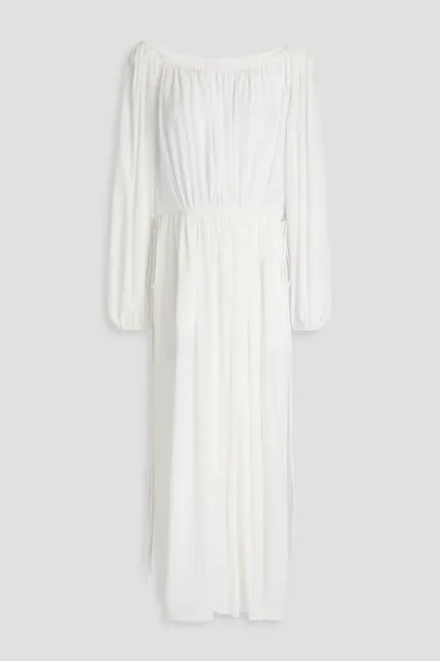 Платье миди из шелкового крепдешина со сборками Chloé, белый