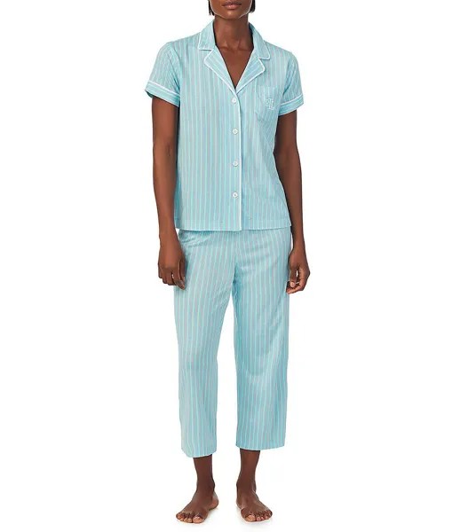 Lauren Ralph Lauren Petite Size с короткими рукавами и вырезом на воротнике-капри, трикотажные полосатые пижамные комплекты, синий