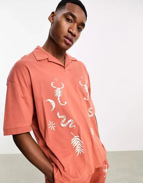 Рубашка-поло Asos Design Co-ord Oversized Revere, коричневый