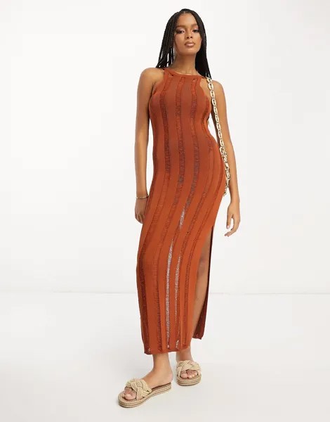 Платье Asos Edition Strappy Ladder Knitted Maxi, оранжево-коричневый